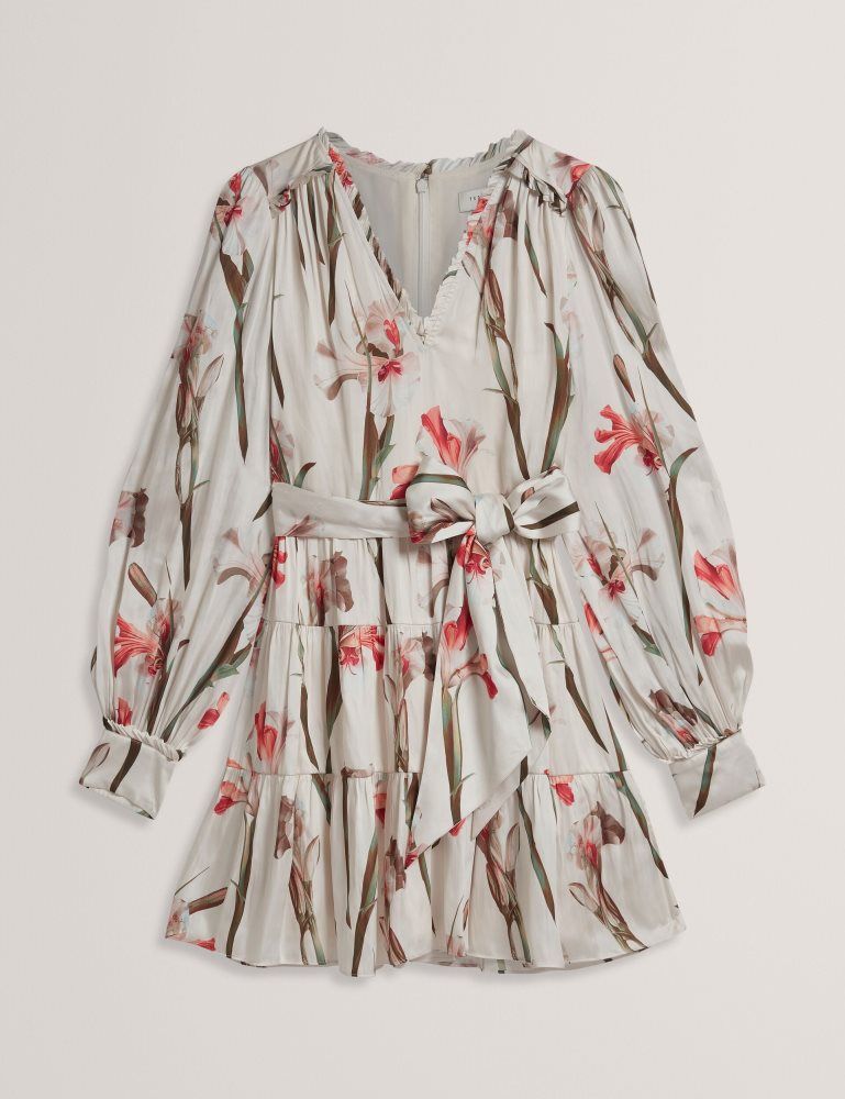 Ted Baker Cuiaba - Floral V-neck Tie Waist Mini Dress Kleid Damen Weiß | 591402-AEX