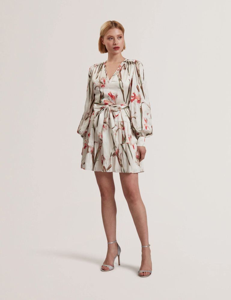 Ted Baker Cuiaba - Floral V-neck Tie Waist Mini Dress Kleid Damen Weiß | 591402-AEX