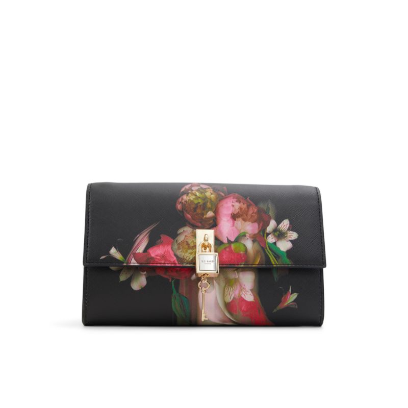 Ted Baker Cyra - Floral Print Padlock Crossbody Bag Umhängetasche Damen Schwarz Mehrfarbig | 159803-IBQ