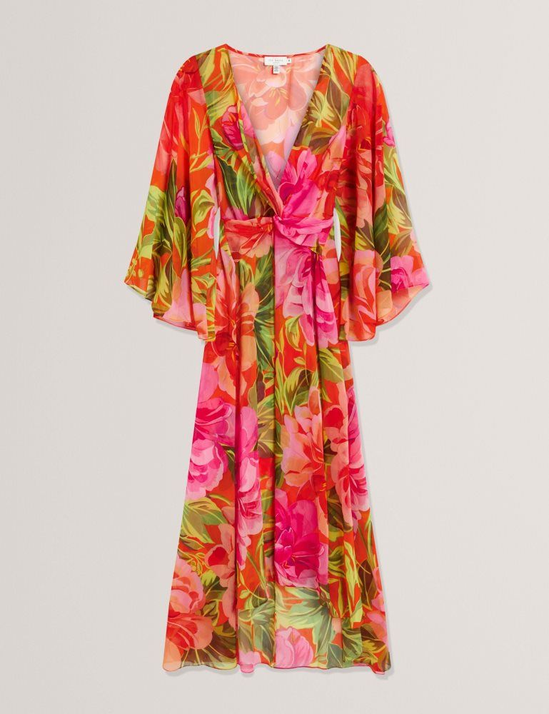 Ted Baker Ddarcis - Floral Twisted Waist Maxi Beach Cover-up Bademode Damen Koralle | 287364-AJN