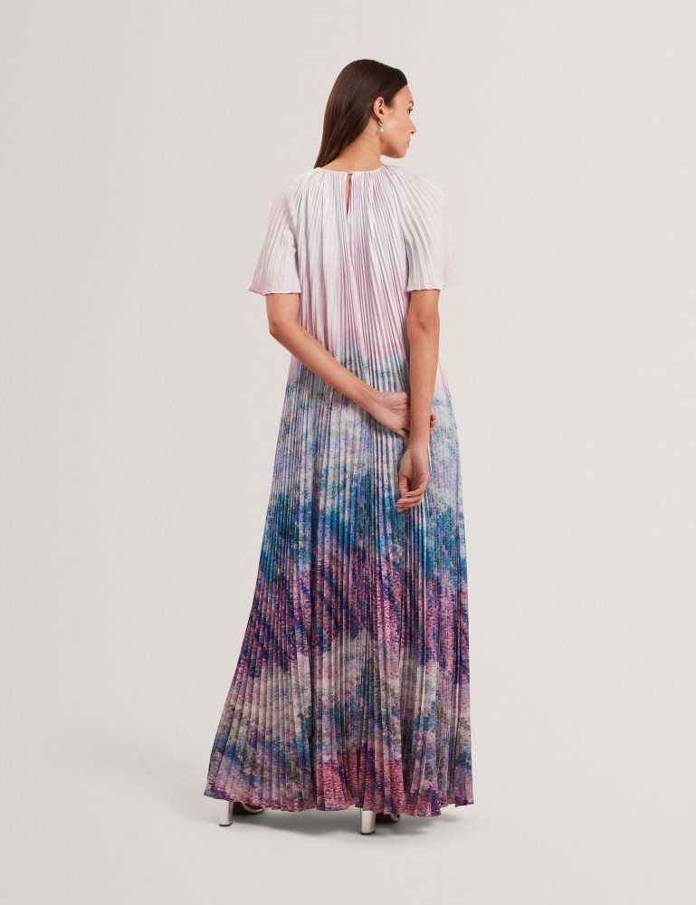 Ted Baker Deeliaa - Pleated Short Sleeve Printed Maxi Dress Kleid Damen Rosa | 794681-YKT
