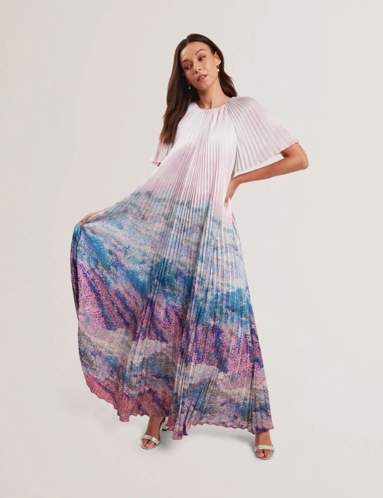 Ted Baker Deeliaa - Pleated Short Sleeve Printed Maxi Dress Kleid Damen Rosa | 794681-YKT