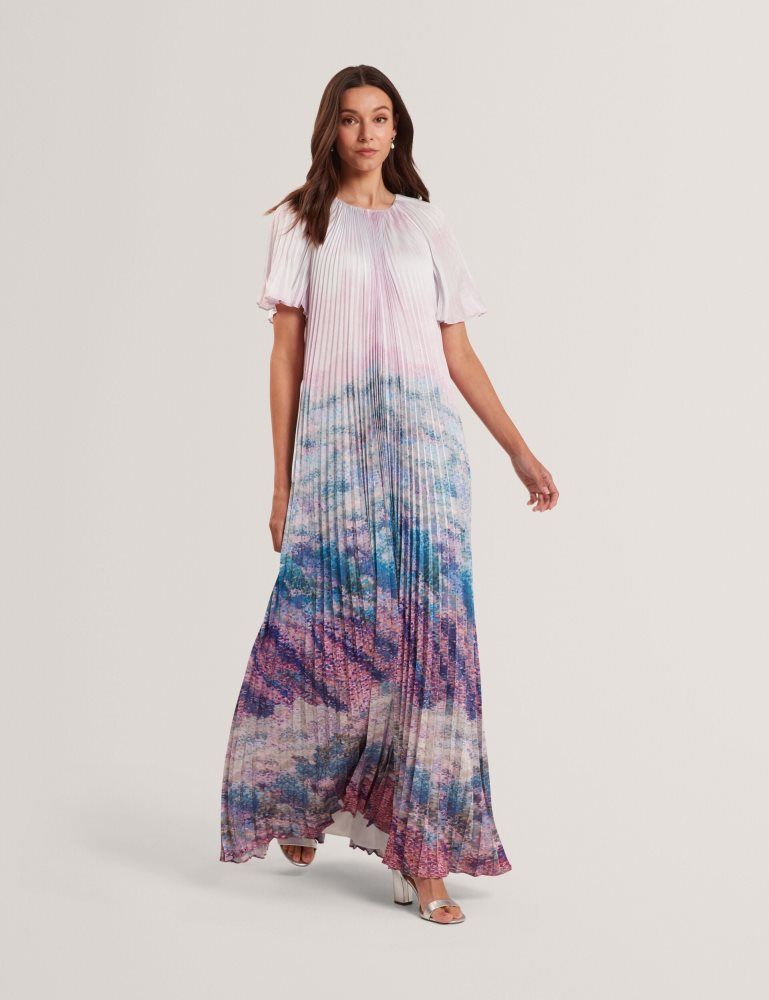 Ted Baker Deeliaa - Pleated Short Sleeve Printed Maxi Dress Kleid Damen Rosa | 794681-YKT