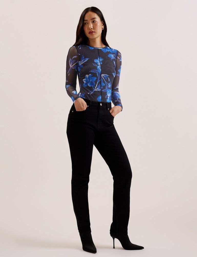 Ted Baker Dekotha - Floral Print Mesh Long Sleeve Top T-shirts Damen Blau | 675391-FTQ