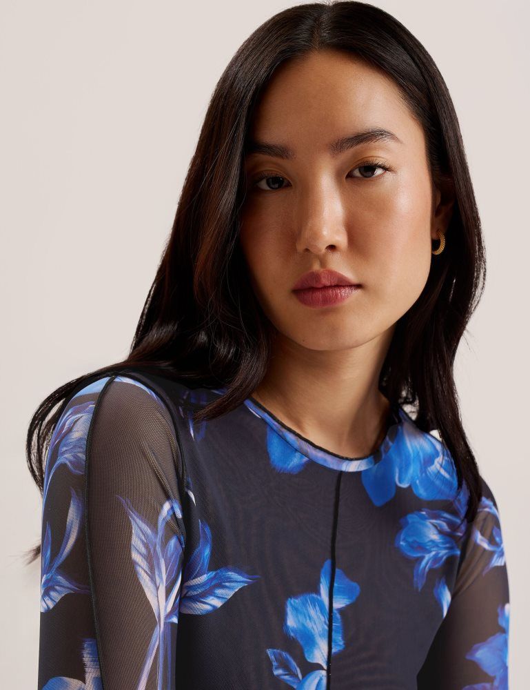 Ted Baker Dekotha - Floral Print Mesh Long Sleeve Top T-shirts Damen Blau | 675391-FTQ