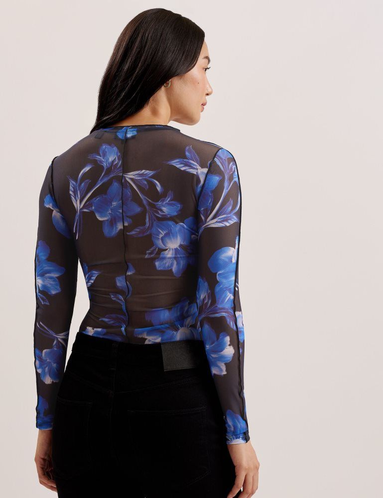 Ted Baker Dekotha - Floral Print Mesh Long Sleeve Top T-shirts Damen Blau | 675391-FTQ