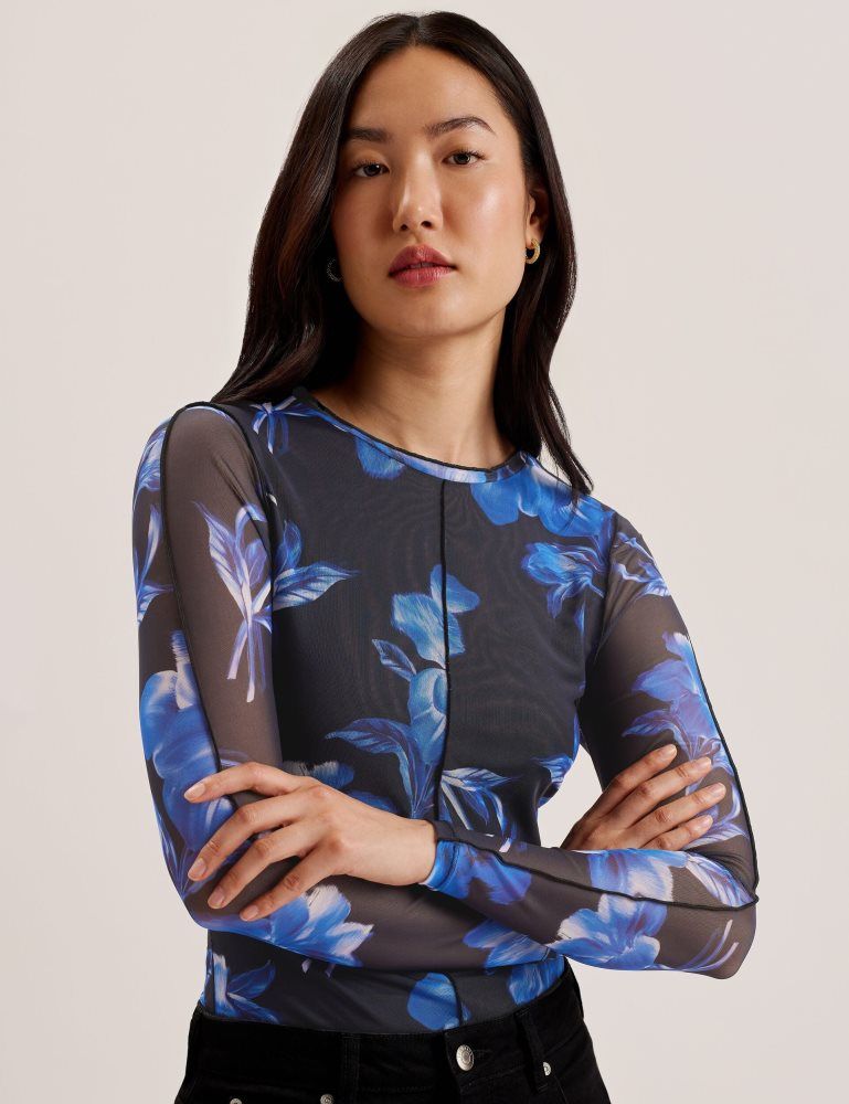Ted Baker Dekotha - Floral Print Mesh Long Sleeve Top T-shirts Damen Blau | 675391-FTQ