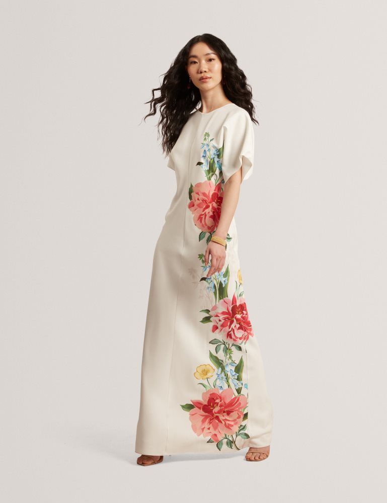 Ted Baker Dodia - Floral Graphic Short Sleeve Column Maxi Dress Kleid Damen Weiß | 982567-DQI