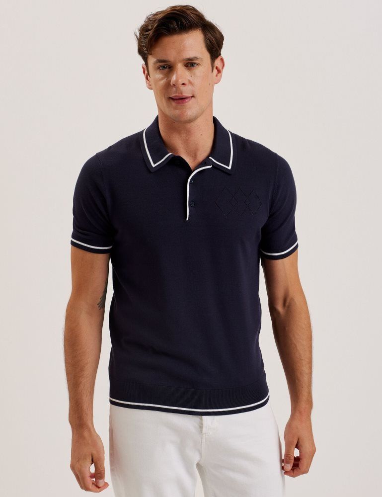 Ted Baker Dunow - Pointelle Detail Striped Trim Polo Shirt Oberteile Herren Navy | 624073-HKL