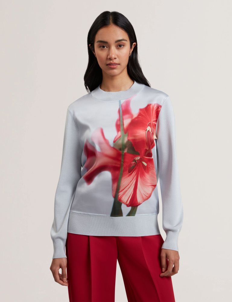 Ted Baker Eloaa - Printed Woven Front Knitted Jumper Pullover Damen Blau | 061742-PKT