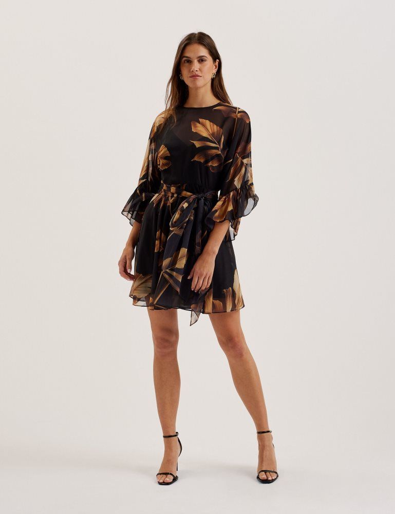 Ted Baker Elster - Printed Chiffon Mini Dress With Tie Waist Kleid Damen Schwarz | 762519-WAN