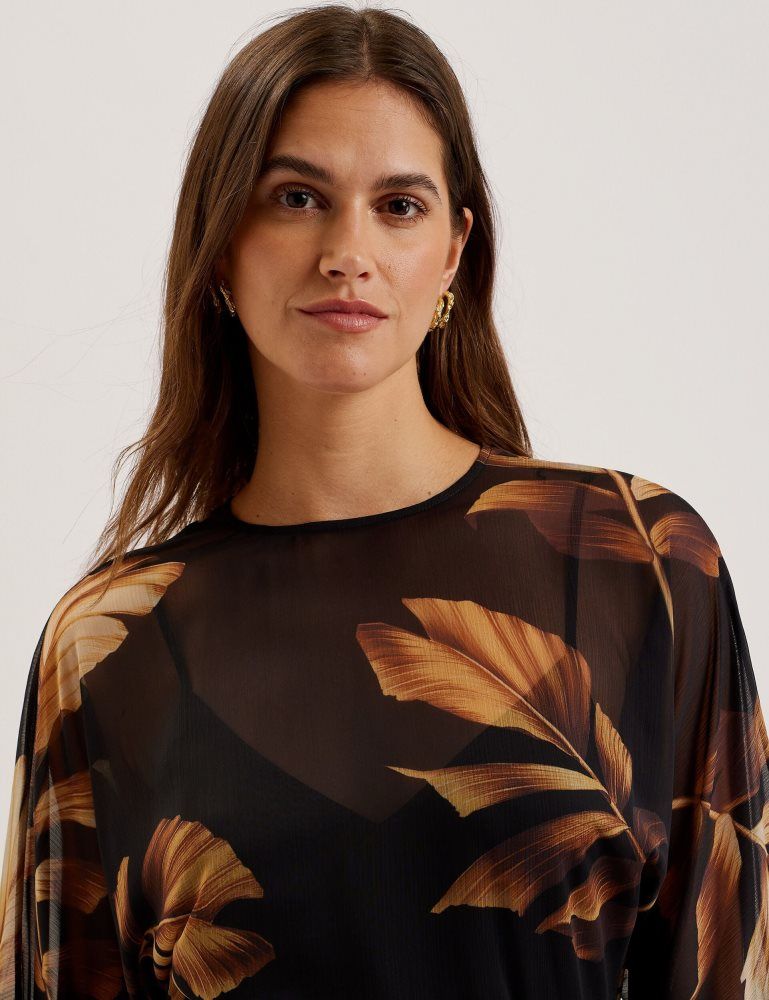 Ted Baker Elster - Printed Chiffon Mini Dress With Tie Waist Kleid Damen Schwarz | 762519-WAN