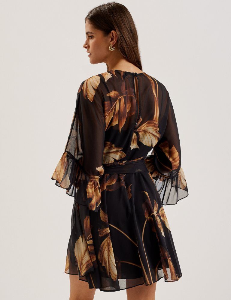 Ted Baker Elster - Printed Chiffon Mini Dress With Tie Waist Kleid Damen Schwarz | 762519-WAN