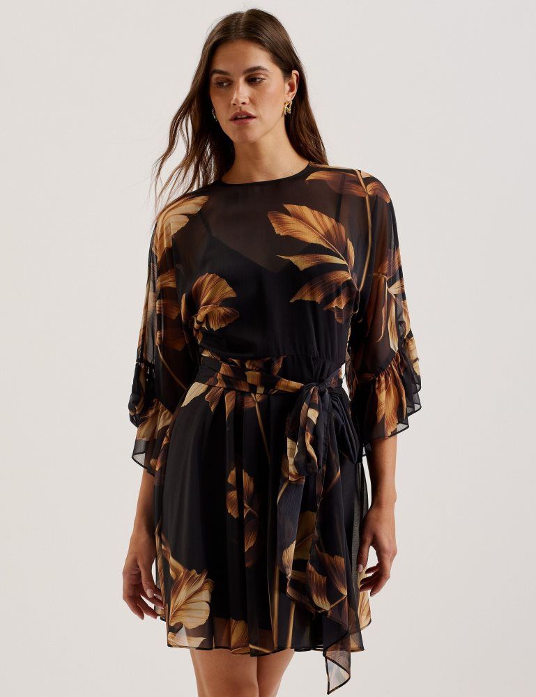 Ted Baker Elster - Printed Chiffon Mini Dress With Tie Waist Kleid Damen Schwarz | 762519-WAN