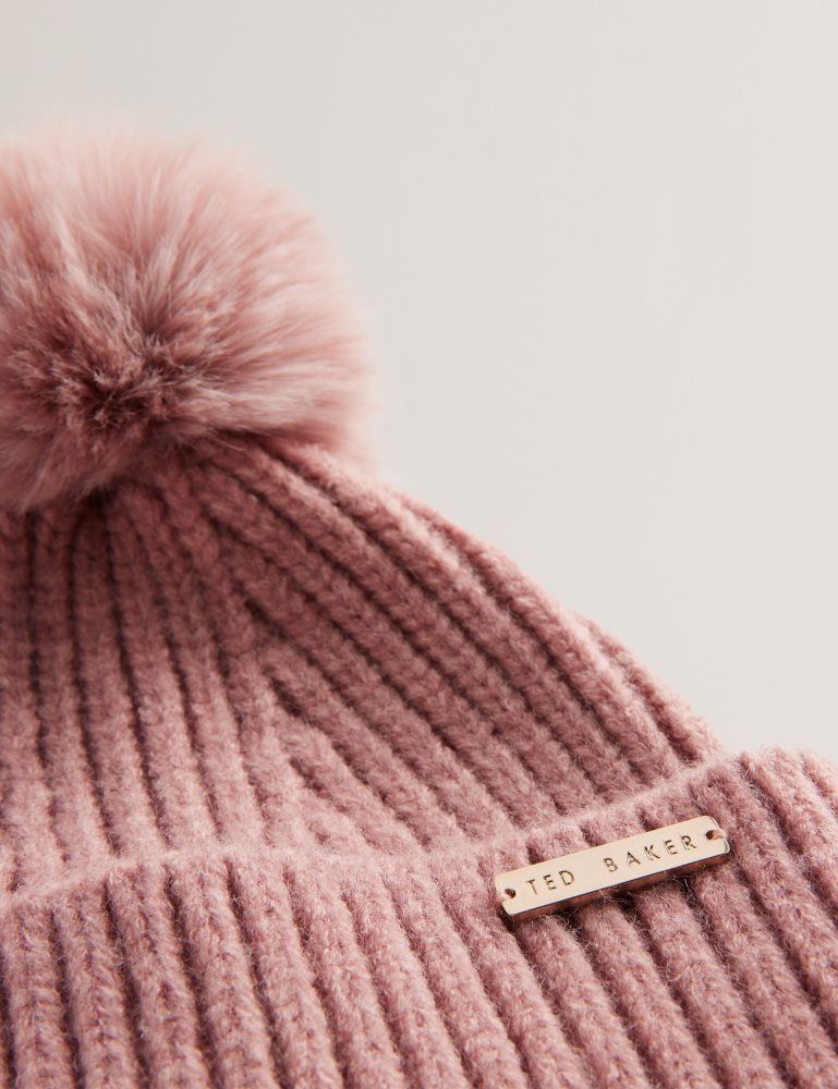 Ted Baker Emilyya - Ribbed Knit Fluffy Bobble Hat Hats, Gloves & Scarves Damen Rosa | 248790-BAO