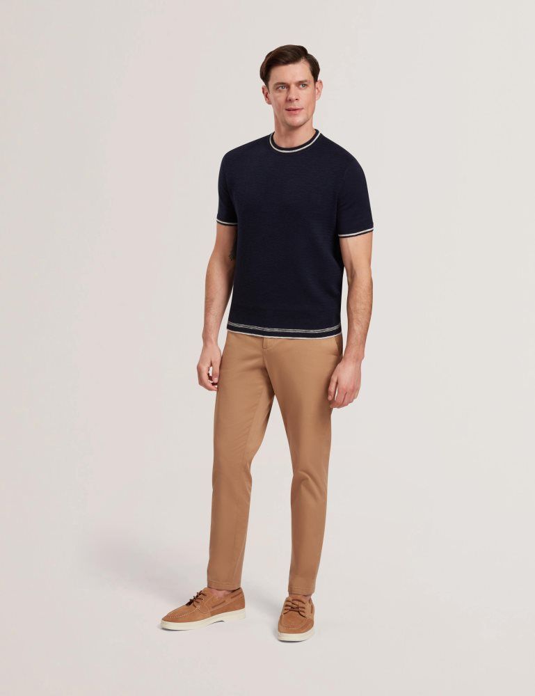 Ted Baker Eriks - Textured Stripe Trim Linen Cotton T-shirt Oberteile Herren Navy | 268907-DAL