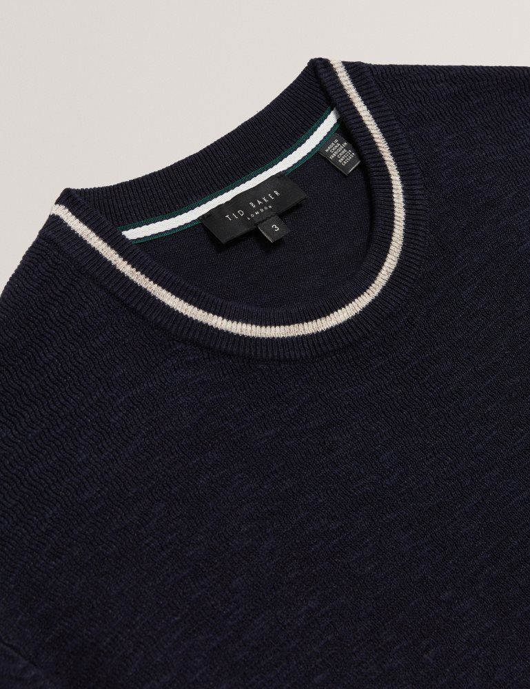 Ted Baker Eriks - Textured Stripe Trim Linen Cotton T-shirt Oberteile Herren Navy | 268907-DAL