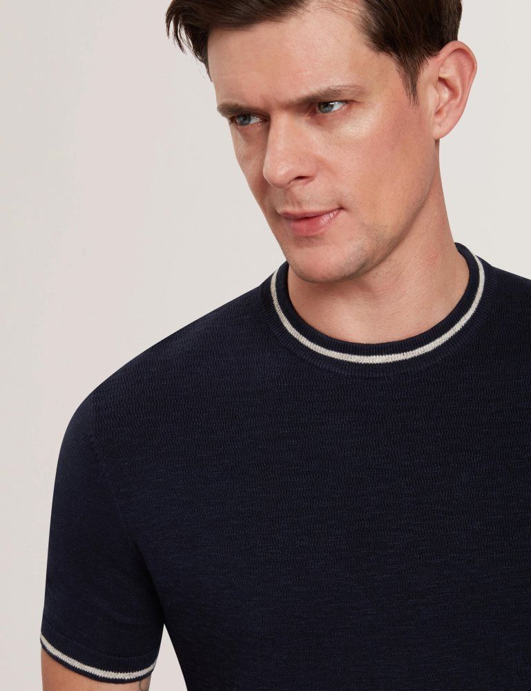 Ted Baker Eriks - Textured Stripe Trim Linen Cotton T-shirt Oberteile Herren Navy | 268907-DAL