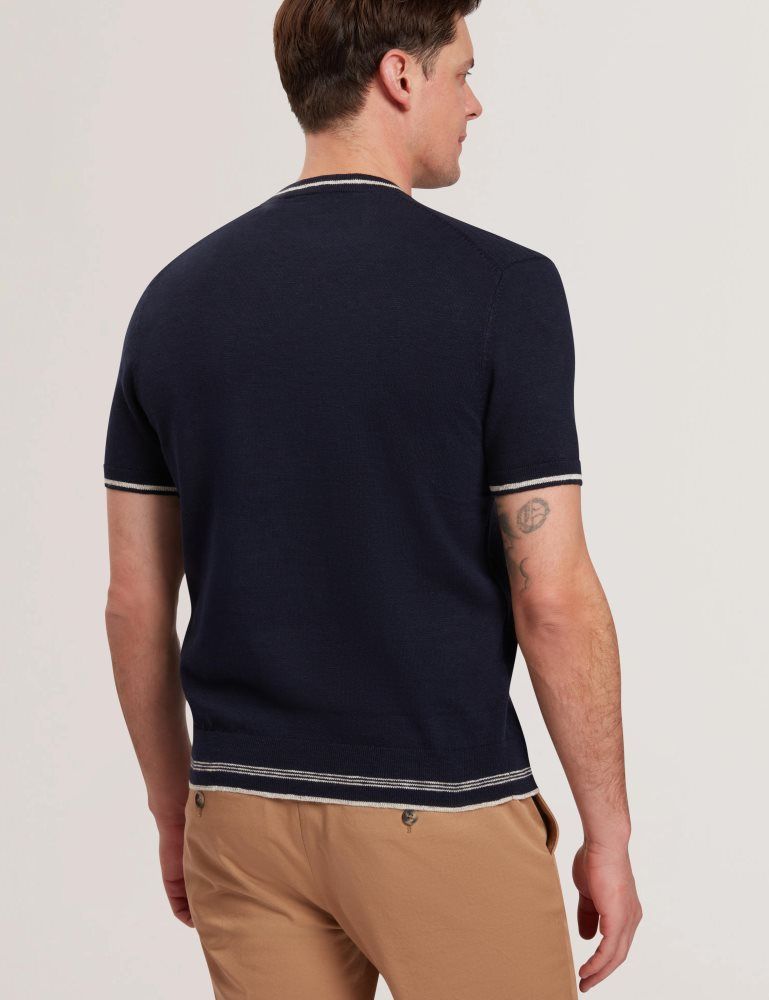 Ted Baker Eriks - Textured Stripe Trim Linen Cotton T-shirt Oberteile Herren Navy | 268907-DAL