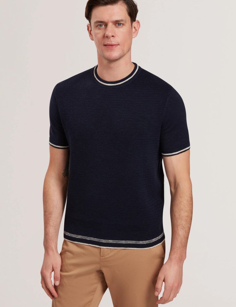Ted Baker Eriks - Textured Stripe Trim Linen Cotton T-shirt Oberteile Herren Navy | 268907-DAL