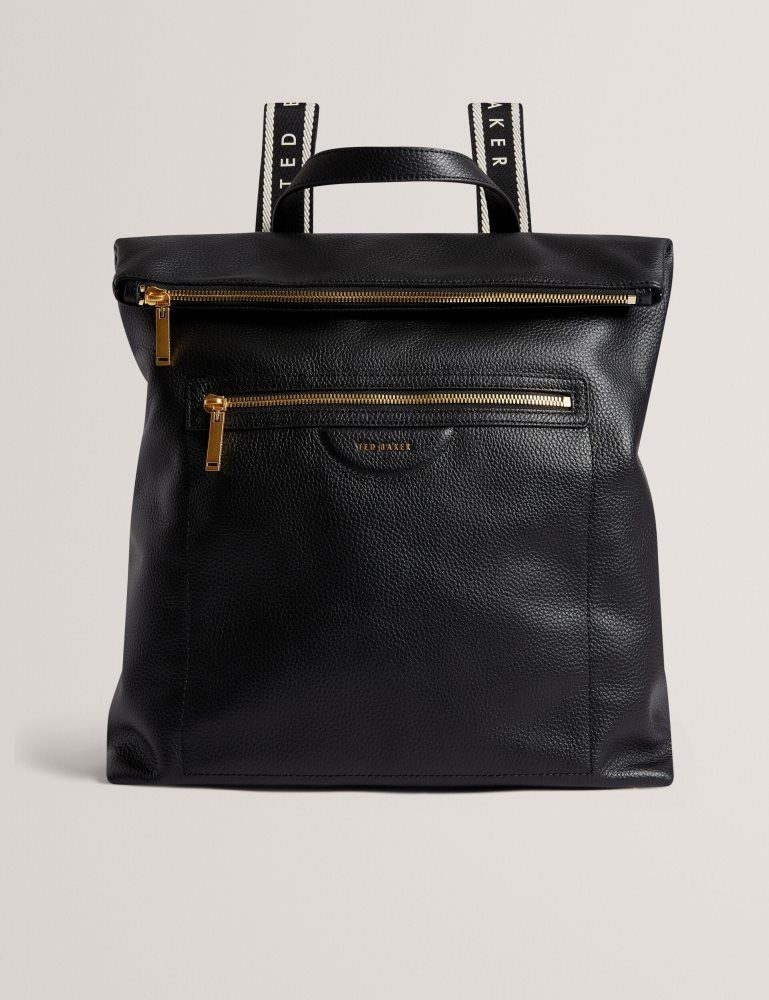 Ted Baker Essaya - Leather Webbing Strap Fold Over Backpack Tragetaschen Damen Schwarz | 271685-WDH