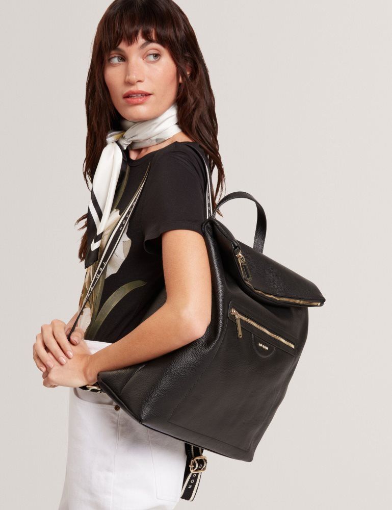 Ted Baker Essaya - Leather Webbing Strap Fold Over Backpack Tragetaschen Damen Schwarz | 271685-WDH