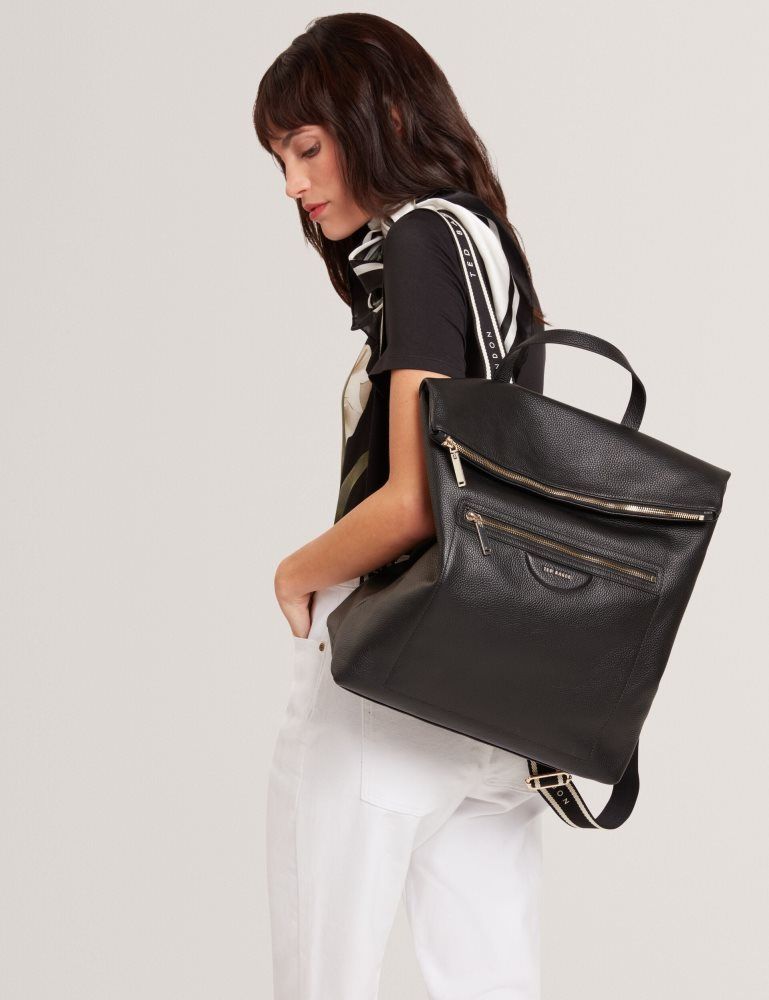 Ted Baker Essaya - Leather Webbing Strap Fold Over Backpack Tragetaschen Damen Schwarz | 271685-WDH