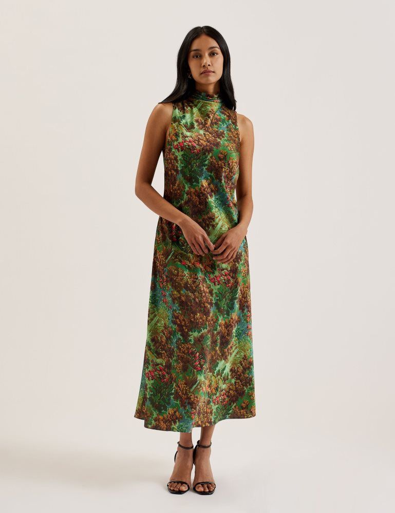 Ted Baker Eyva - Printed High Neck Satin Midi Slip Dress Kleid Damen Grün | 187625-AUY