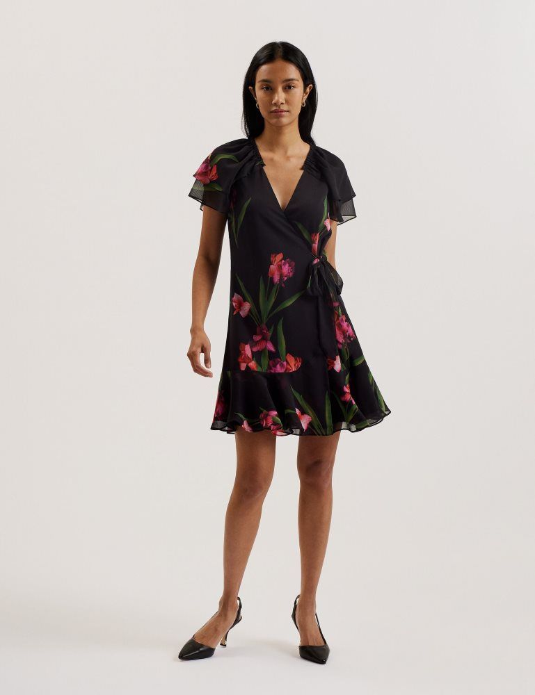 Ted Baker Fasnia - Floral Angel Sleeve Wrap Mini Dress Kleid Damen Schwarz | 637592-FXB