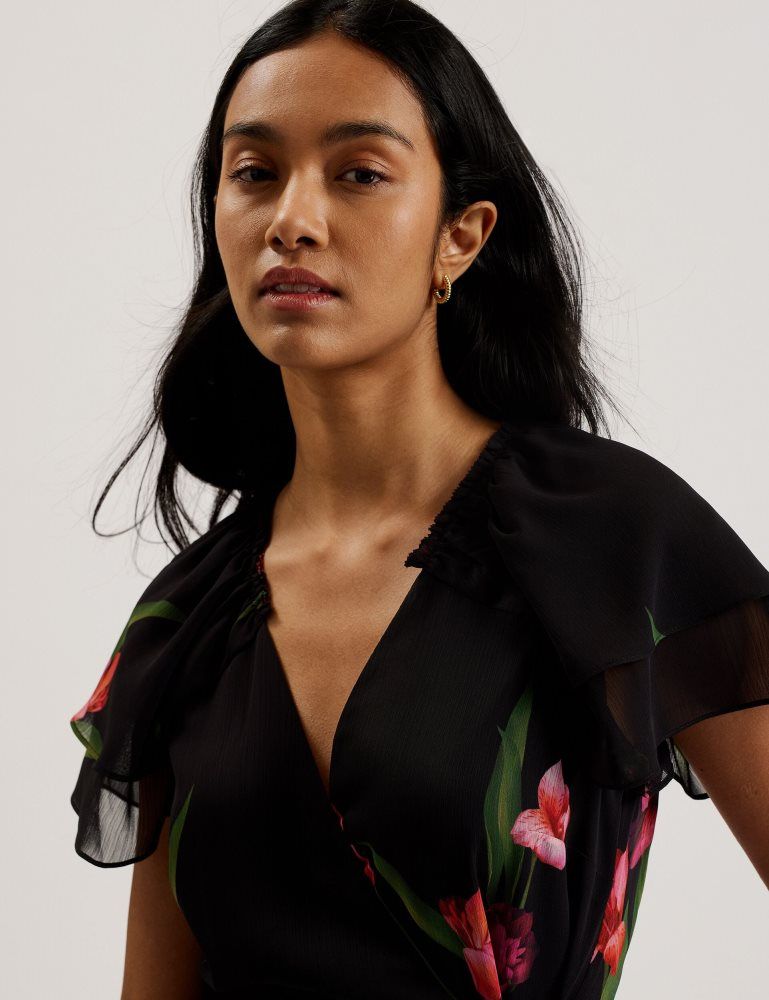 Ted Baker Fasnia - Floral Angel Sleeve Wrap Mini Dress Kleid Damen Schwarz | 637592-FXB