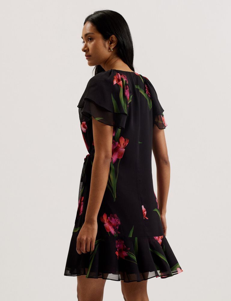 Ted Baker Fasnia - Floral Angel Sleeve Wrap Mini Dress Kleid Damen Schwarz | 637592-FXB