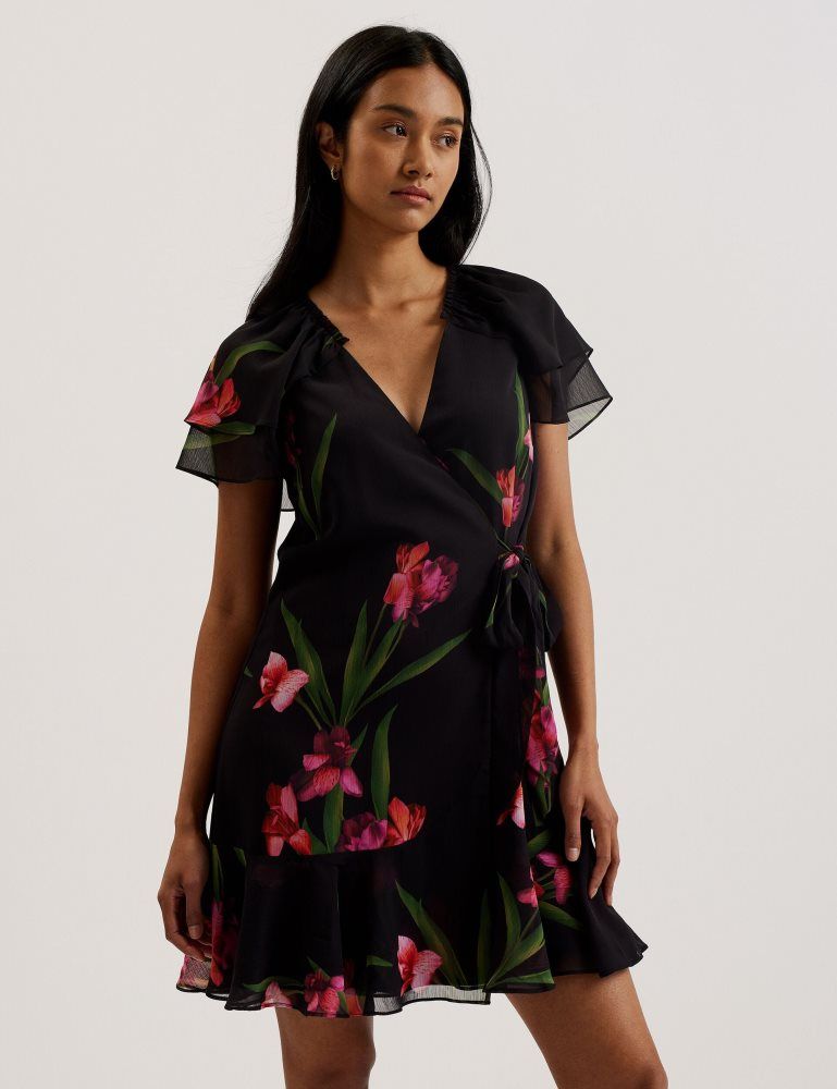 Ted Baker Fasnia - Floral Angel Sleeve Wrap Mini Dress Kleid Damen Schwarz | 637592-FXB