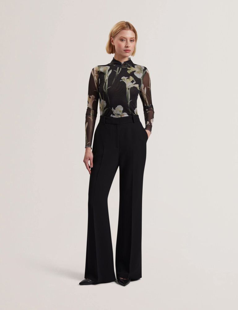 Ted Baker Fiaahh - Floral Print High Neck Sheer Mesh Top T-shirts Damen Schwarz | 152467-ANY