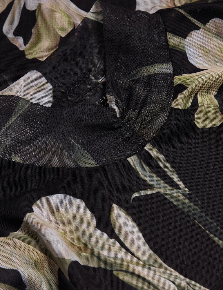 Ted Baker Fiaahh - Floral Print High Neck Sheer Mesh Top T-shirts Damen Schwarz | 152467-ANY
