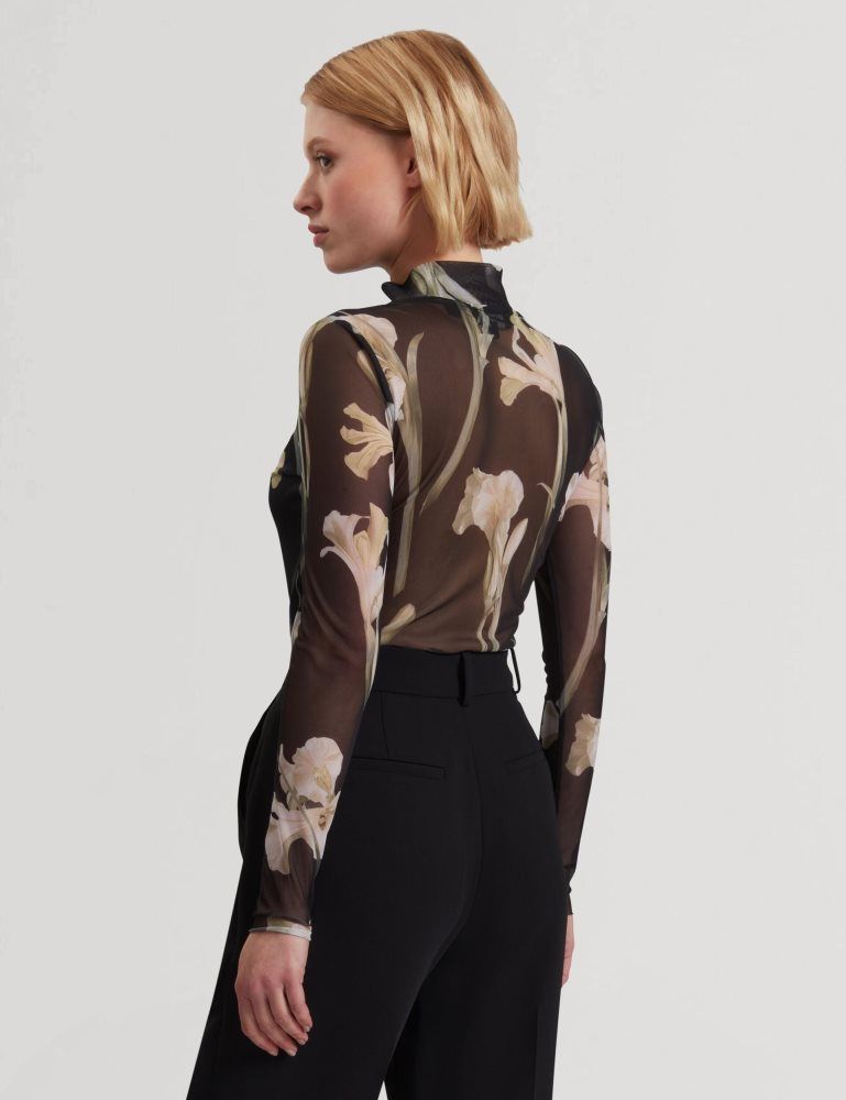 Ted Baker Fiaahh - Floral Print High Neck Sheer Mesh Top T-shirts Damen Schwarz | 152467-ANY