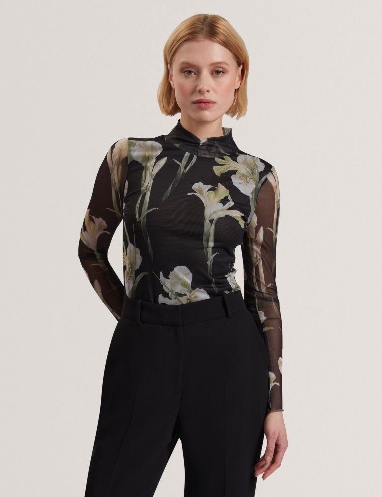 Ted Baker Fiaahh - Floral Print High Neck Sheer Mesh Top T-shirts Damen Schwarz | 152467-ANY
