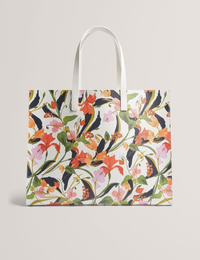 Ted Baker Florish - Floral Print Pu Leather Wide Icon Tote Bag Tragetaschen Damen Weiß | 354726-XRB