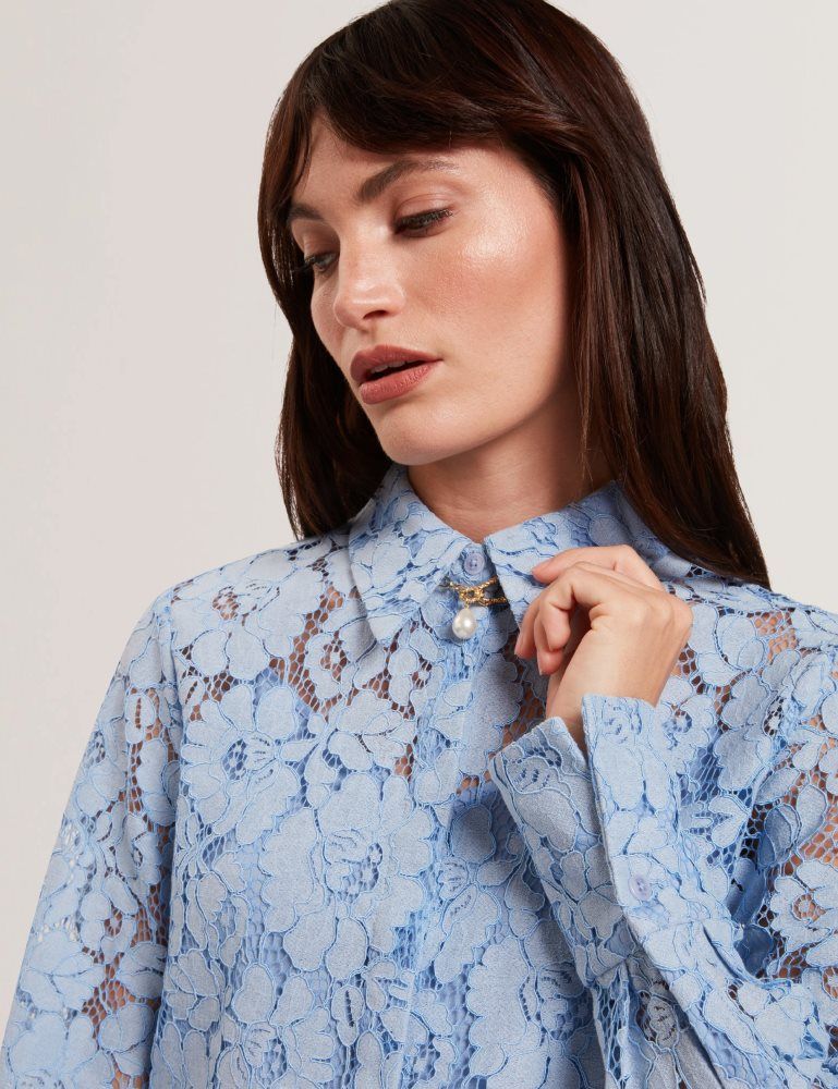 Ted Baker Gennoa - Lace Semi-sheer Longline Shirt T-shirts Damen Blau | 809732-FGK
