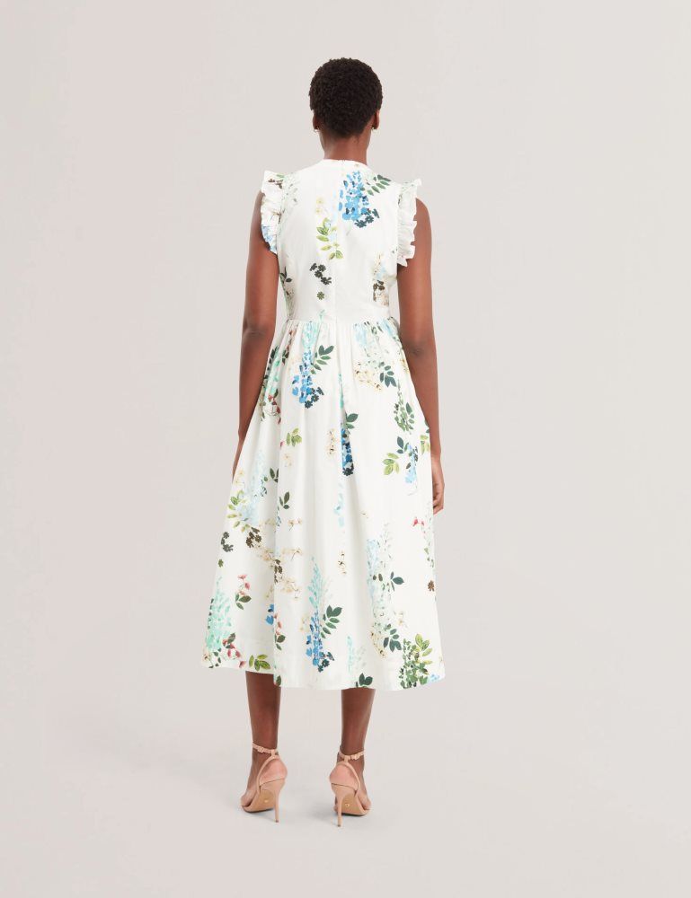 Ted Baker Giolia - Sleeveless Floral Cotton A-line Midi Dress Kleid Damen Weiß | 104238-MPV