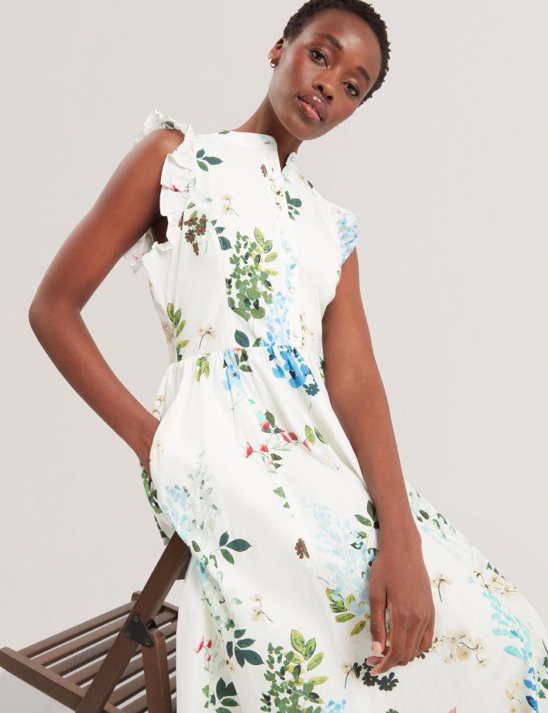 Ted Baker Giolia - Sleeveless Floral Cotton A-line Midi Dress Kleid Damen Weiß | 104238-MPV