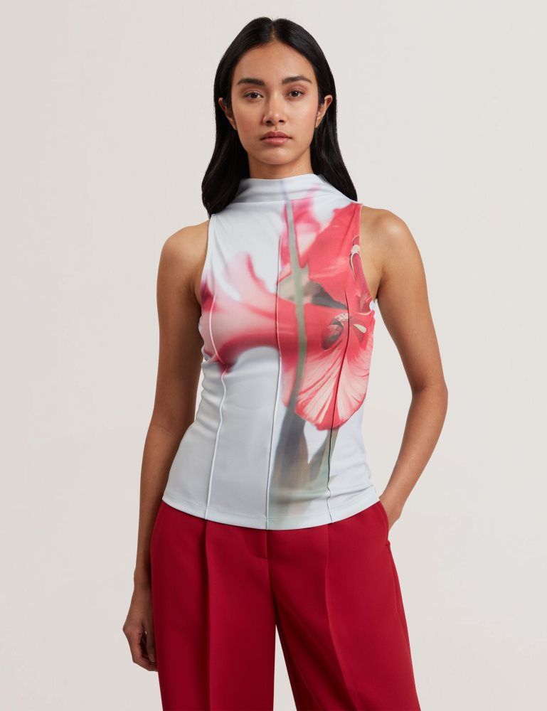 Ted Baker Harplnn - Floral High Neck Jersey Tank Top T-shirts Damen Blau | 764205-AJQ