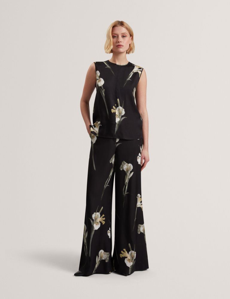 Ted Baker Haydie - Floral Print Wide Leg Tailored Trousers Kurze Hose Damen Schwarz | 168509-RCN