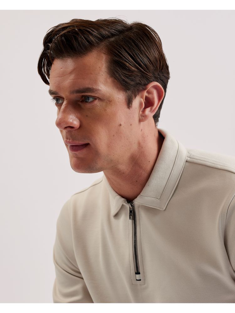 Ted Baker Ingmar - Long Sleeve Cotton Blend Zip Polo Shirt Oberteile Herren Beige | 967823-UNW