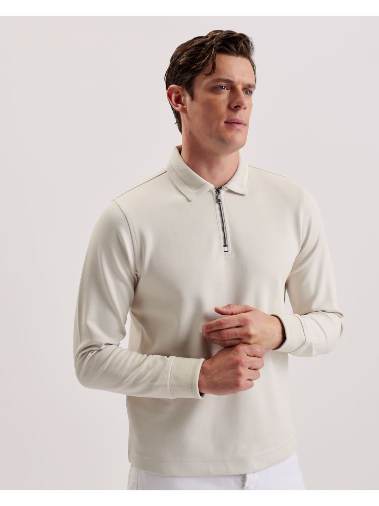 Ted Baker Ingmar - Long Sleeve Cotton Blend Zip Polo Shirt Oberteile Herren Beige | 967823-UNW