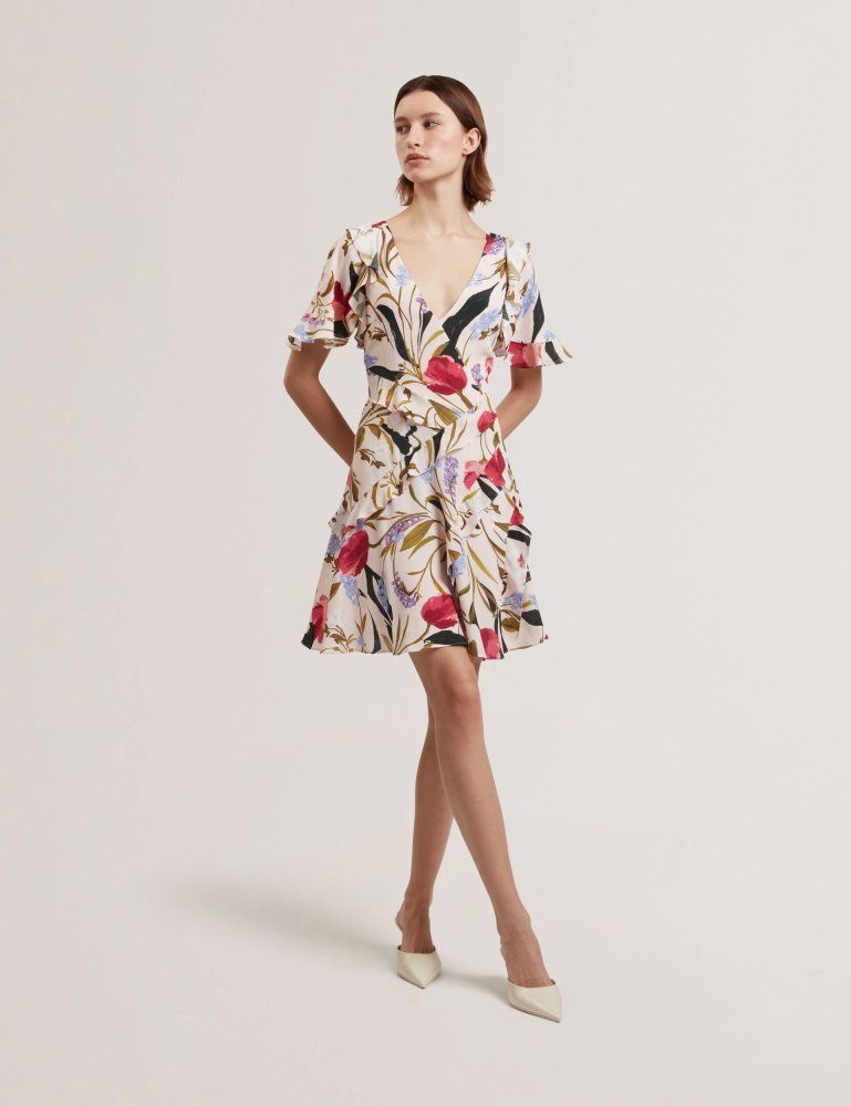 Ted Baker Issiia - Frill Trim Floral Short Sleeve Mini Dress Kleid Damen Rosa | 284195-TRP