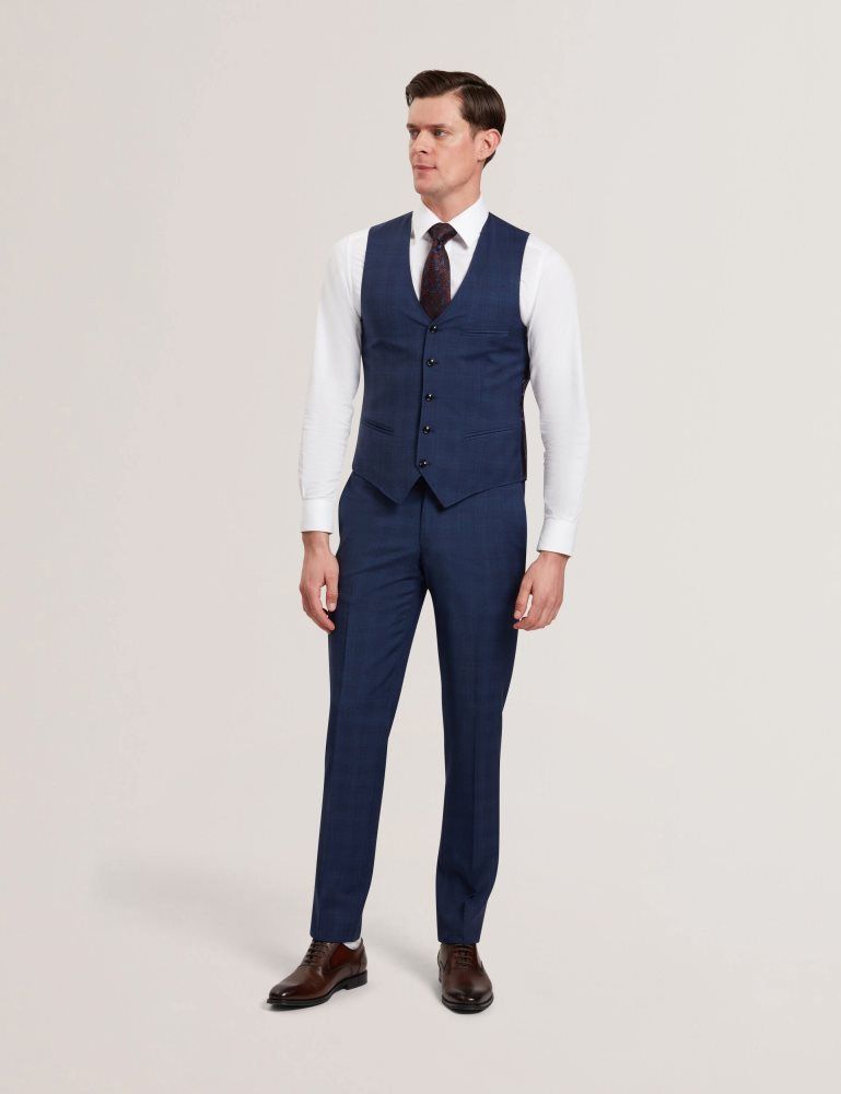 Ted Baker Jayalav - Slim Fit Navy Check Wool Suit Vest Anzüge Herren Navy | 018569-MLU