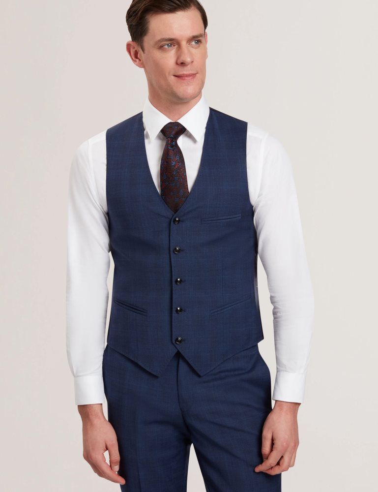Ted Baker Jayalav - Slim Fit Navy Check Wool Suit Vest Anzüge Herren Navy | 018569-MLU