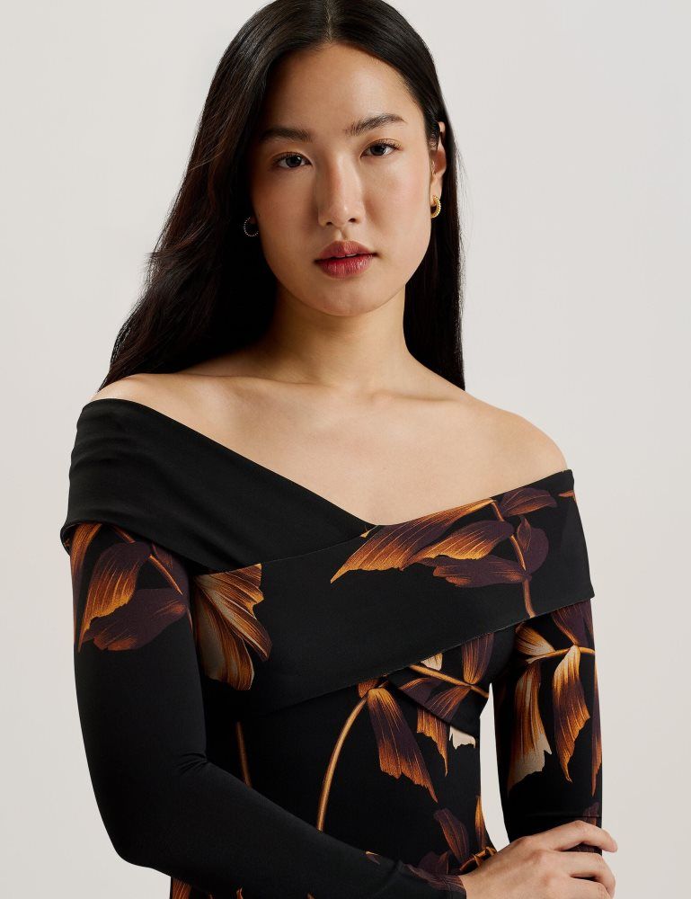 Ted Baker Josefen - Printed Bardot Long Sleeve Midi Dress Kleid Damen Schwarz | 581934-UVZ