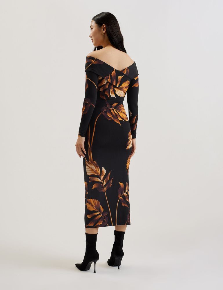 Ted Baker Josefen - Printed Bardot Long Sleeve Midi Dress Kleid Damen Schwarz | 581934-UVZ