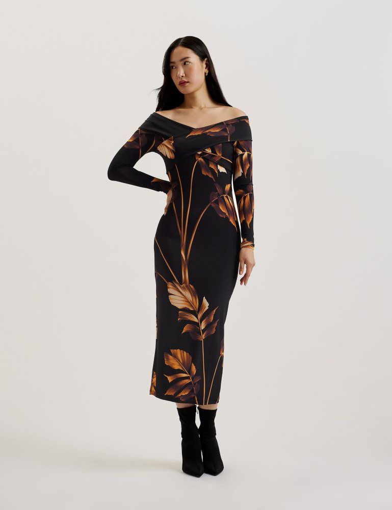 Ted Baker Josefen - Printed Bardot Long Sleeve Midi Dress Kleid Damen Schwarz | 581934-UVZ